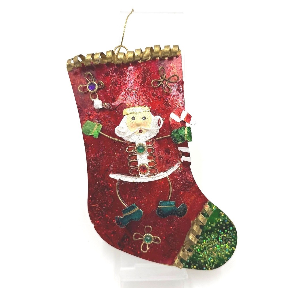 Christmas Stocking Ornament Metal Santa Claus Candy Cane Red Green Glitter
